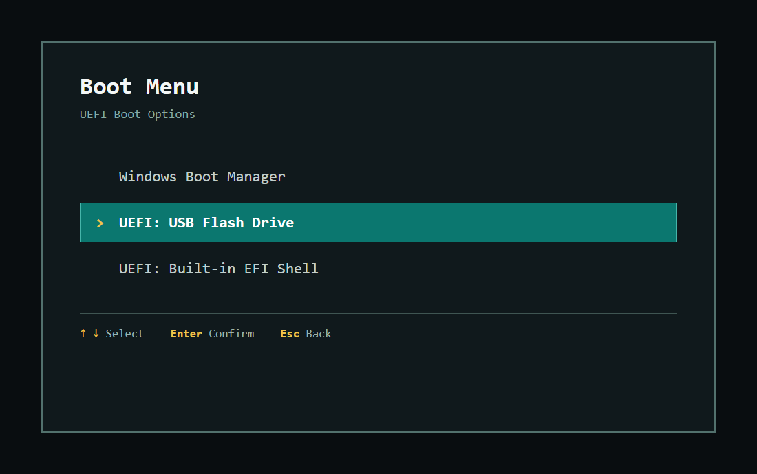 启动菜单中选中带有 UEFI 的 U 盘启动项